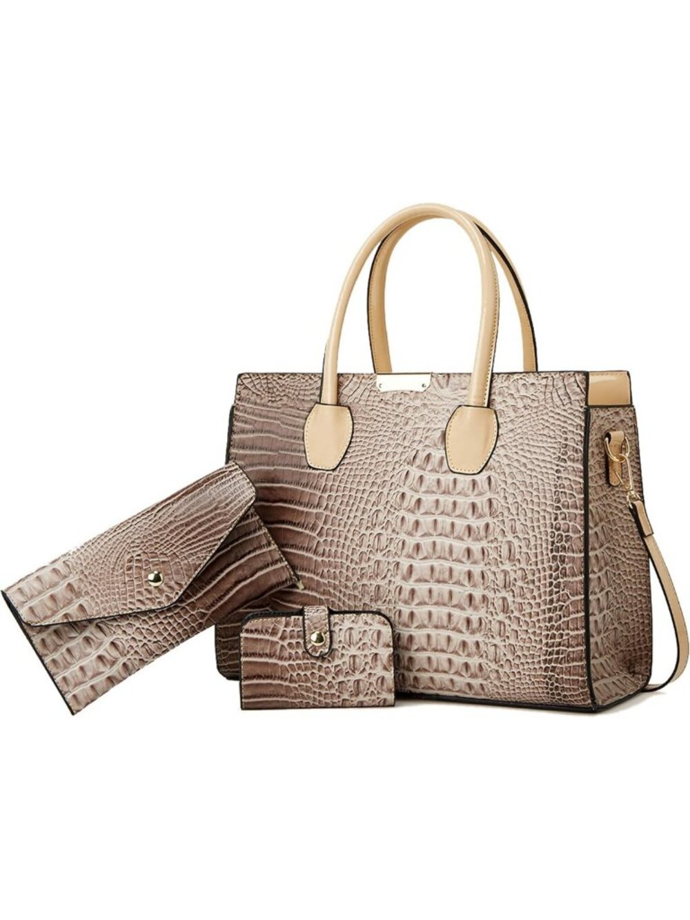 Stylish Crocodile Embossed 3-Piece Tote Handbag Set with Matching Wallet